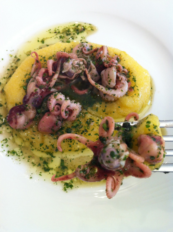 Poulpes aux herbes fraiches et polenta, plat de Enrico Cerea