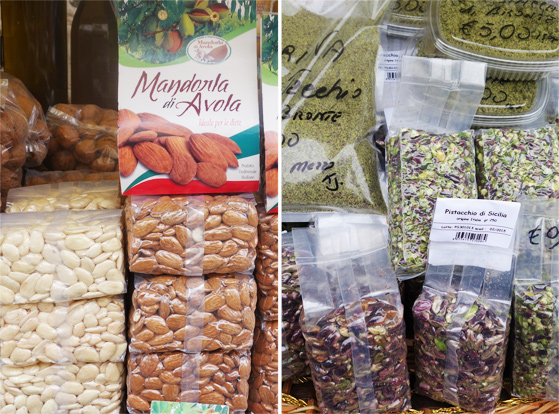 Marché de Syracuse, vente d'amandes et pistaches